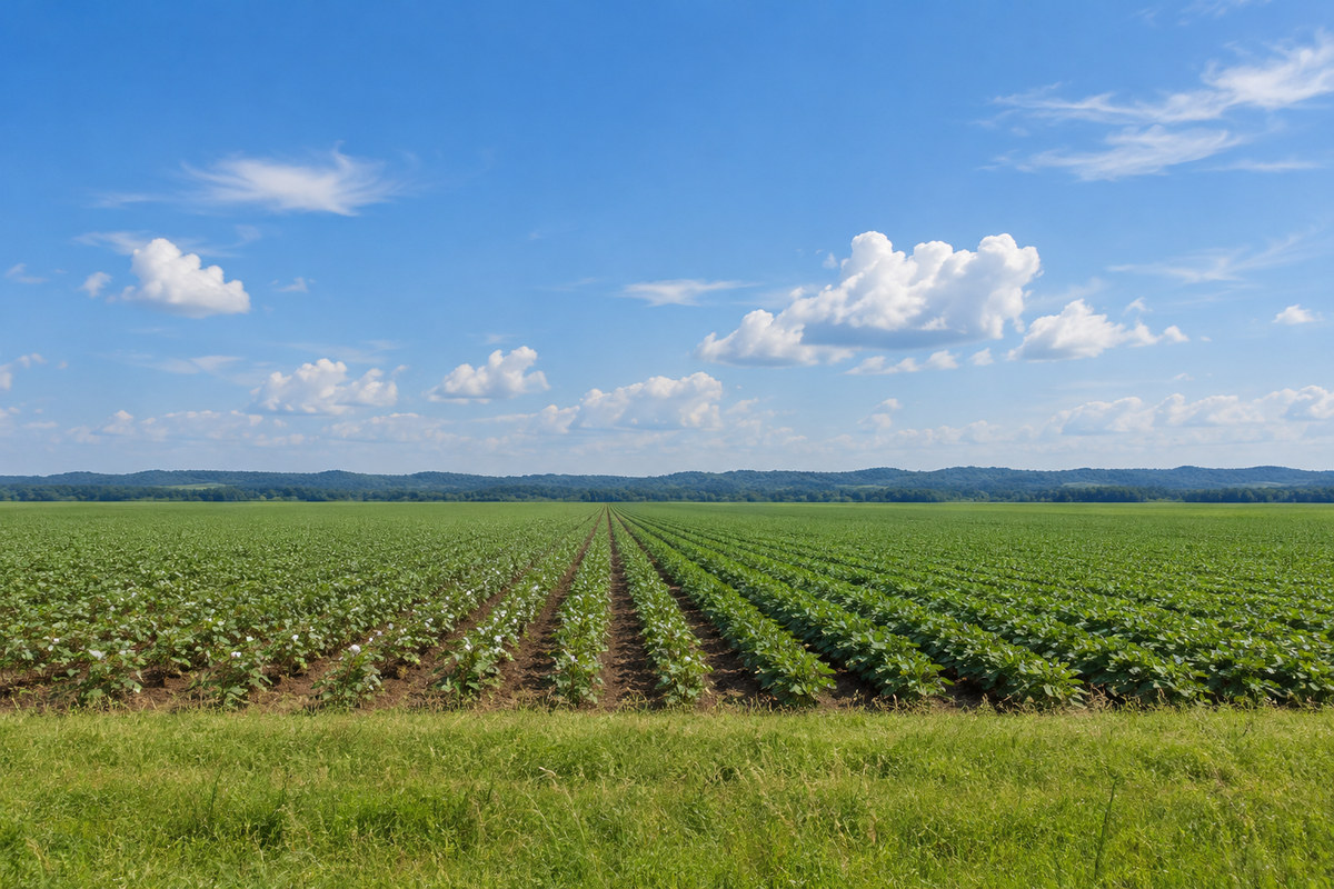Flat Delta farm fields under a wide sky, with a line of wooded North Mississippi hills on the horizon