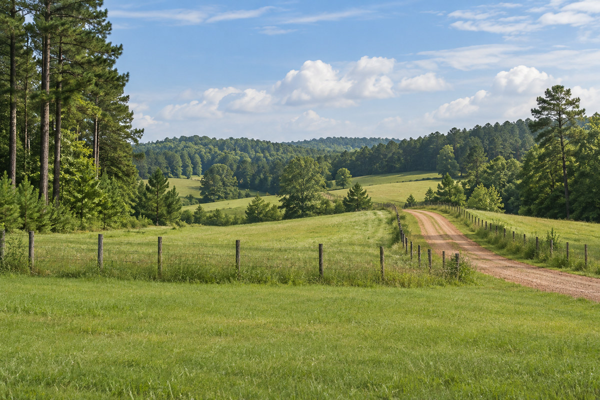 Rolling pasture and pine timber along a farm road in East Central Mississippi near Meridian