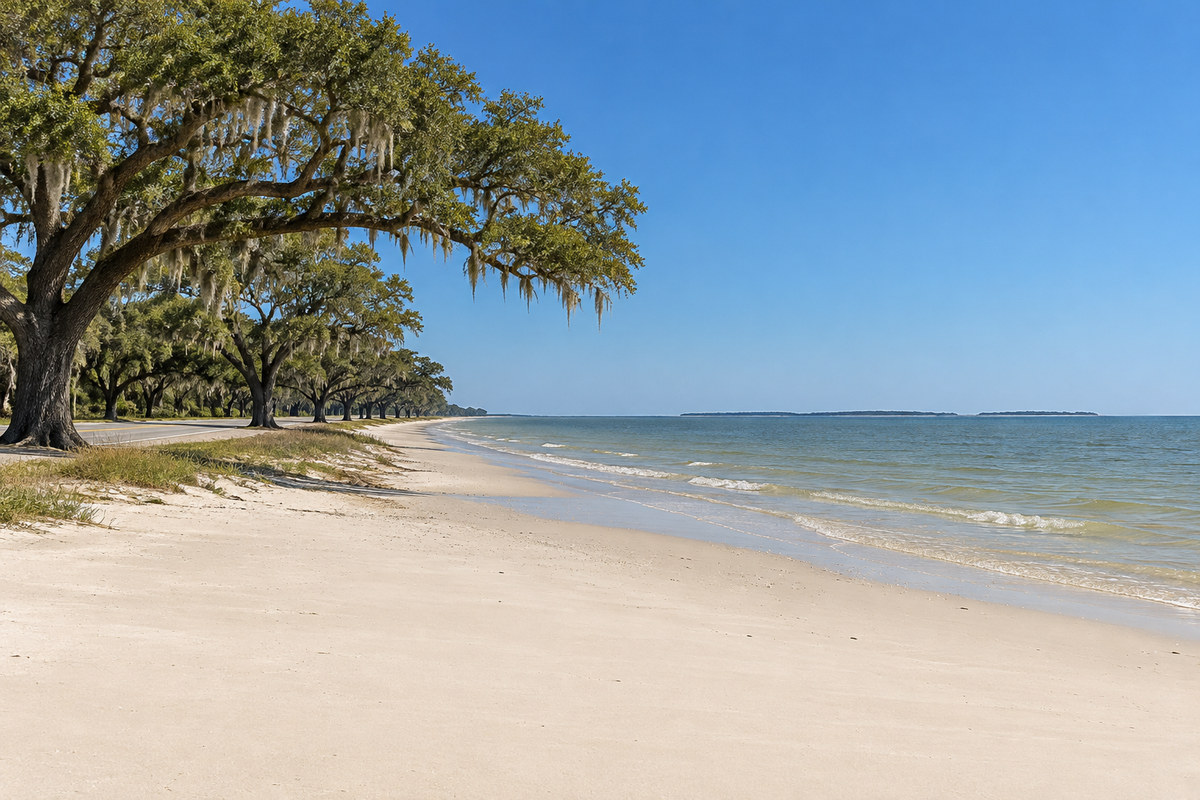 Mississippi Gulf Coast beach with live oaks along the highway and the Mississippi Sound under a clear sky near Gulfport